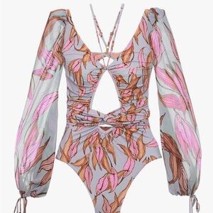 New V-Neck Printing Bandage Long Sleeve Siamese Swimsuit Bikini Pink Large